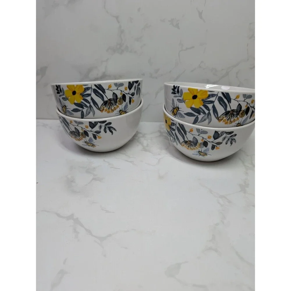 Royal Norfolk Bee Floral Cereal Bowls Set of 4 New Yellow Flowers 5.5